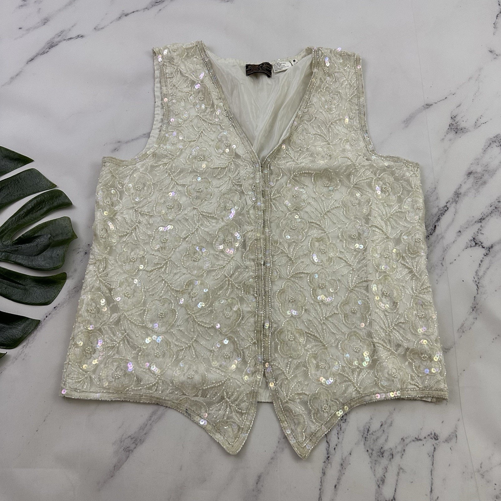 Eves Allure Womens Vintage 90s Beaded Lace Vest Size M White Floral Sequins
